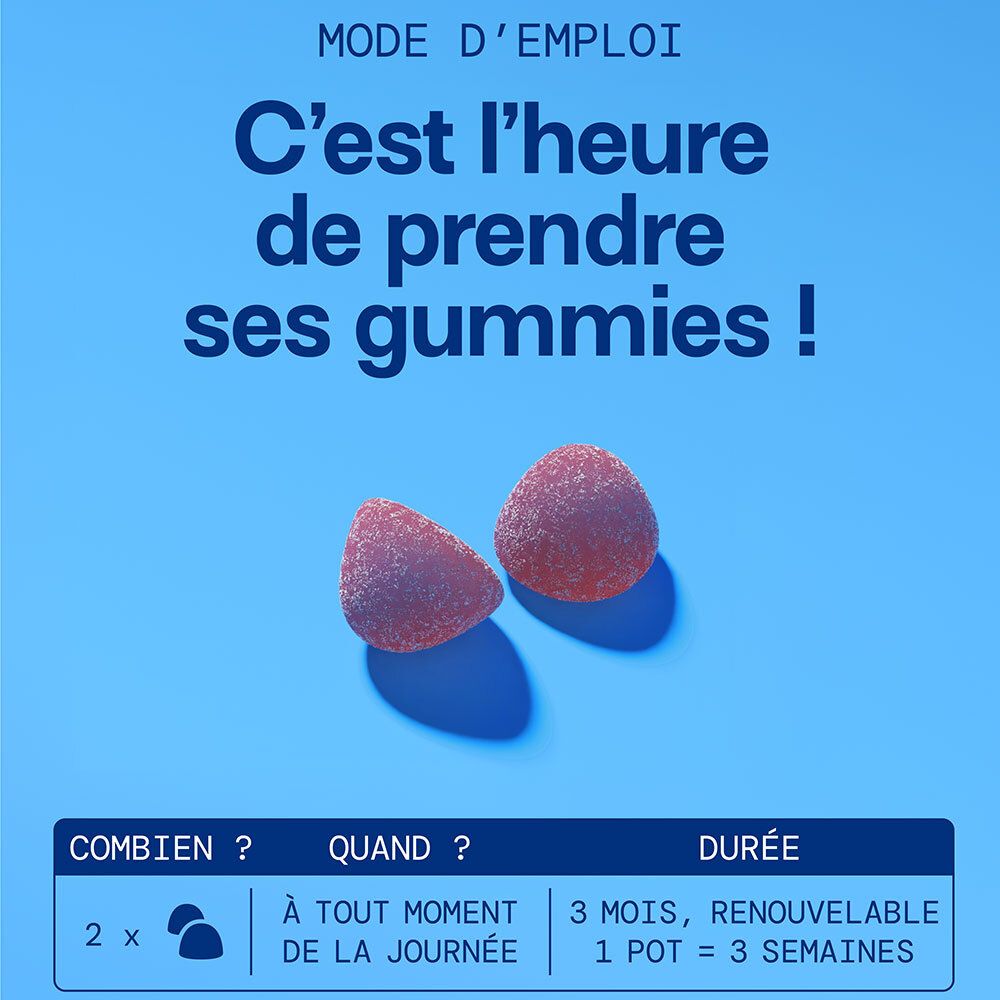 Zwei rote Gummibärchen auf blauem Hintergrund. Text: "C'est l'heure de prendre ses gummies !" (Es ist Zeit, deine Gummis zu nehmen!)