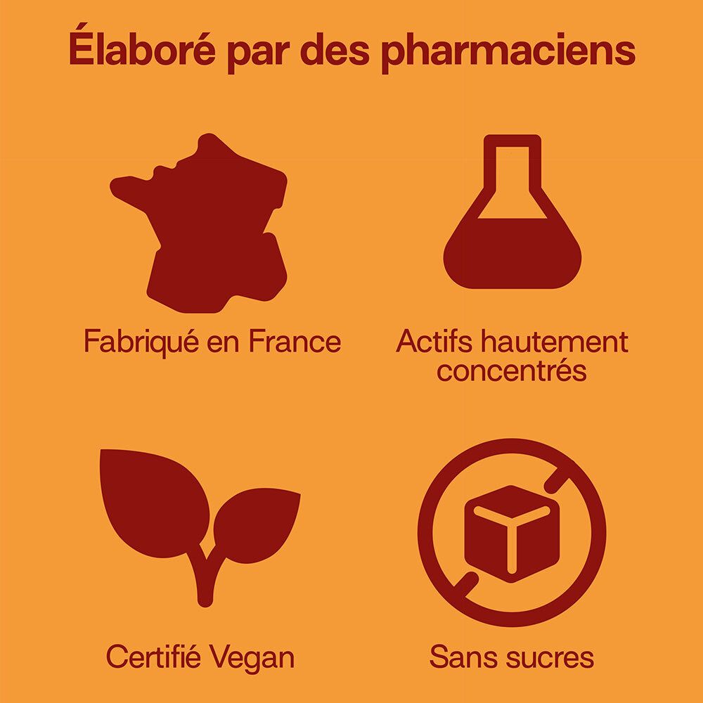 Orangefarbener Hintergrund mit Symbolen und Text. Enthält: Frankreich-Umriss, Reagenzglas, Vegan-Zertifizierung, und "Sans sucres".