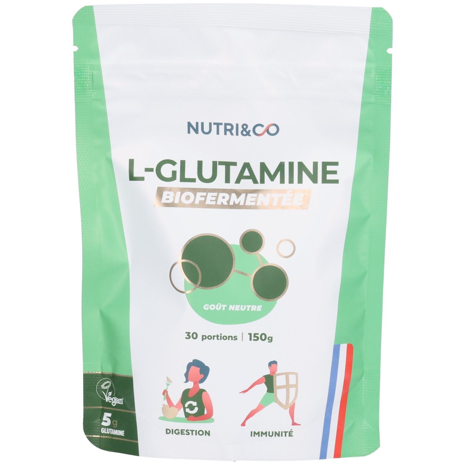 Beutel mit NUTRI&CO L-Glutamin. Grün-weißes Design. Aufschrift: L-Glutamine, Biofermenté, 30 Portionen, 150g. Vegan-Logo.