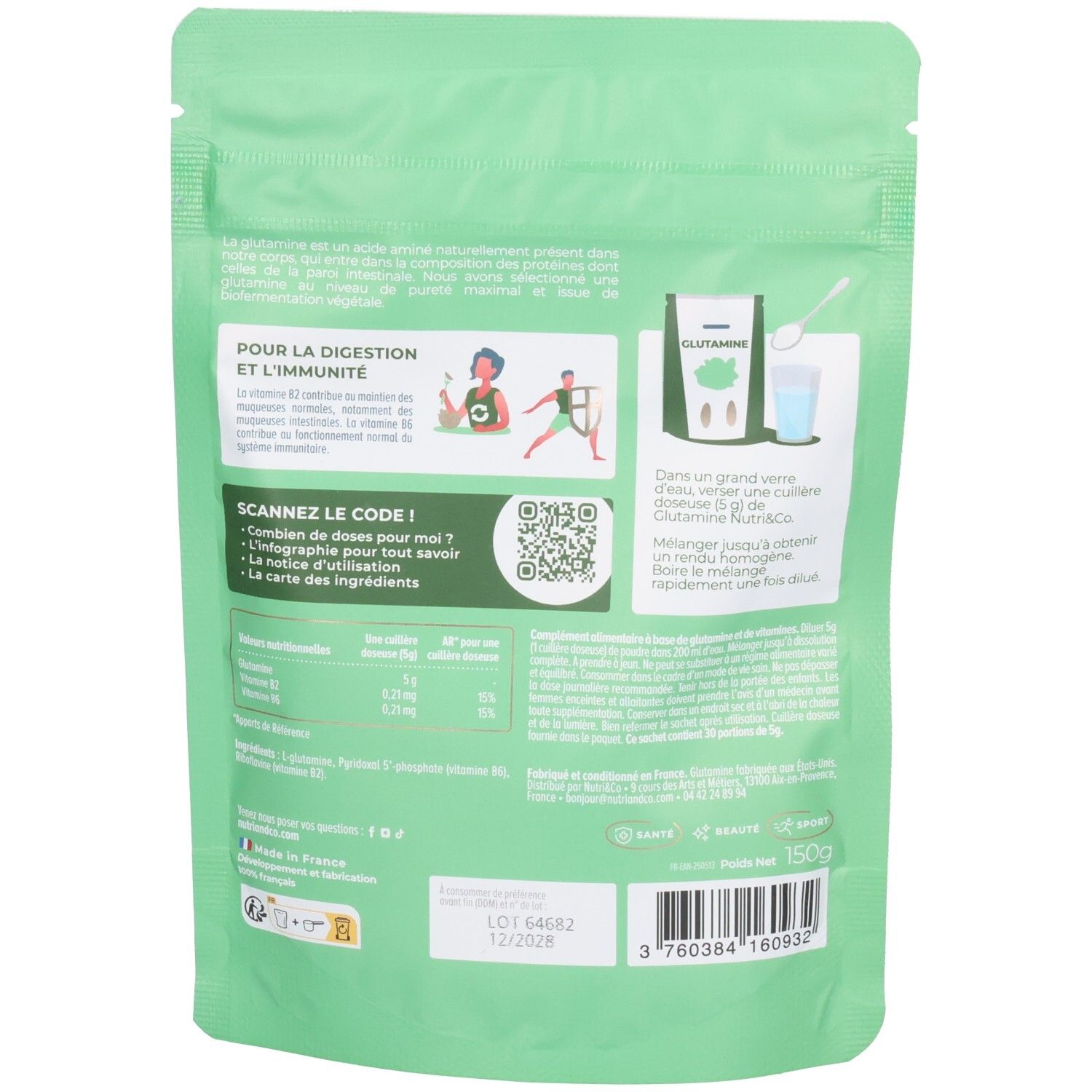 Rückseite des Beutels. Text und Illustrationen. QR-Code. Angaben zu Nährwerten. Gewicht: 150g. Barcode und Logo.