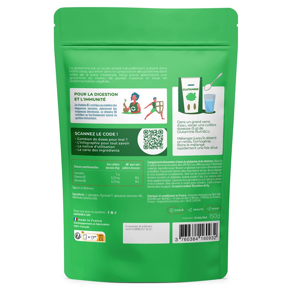 Rückseite des NUTRI&CO L-Glutamin Beutels mit Informationen zu Verdauung, Immunität und Zubereitung.
