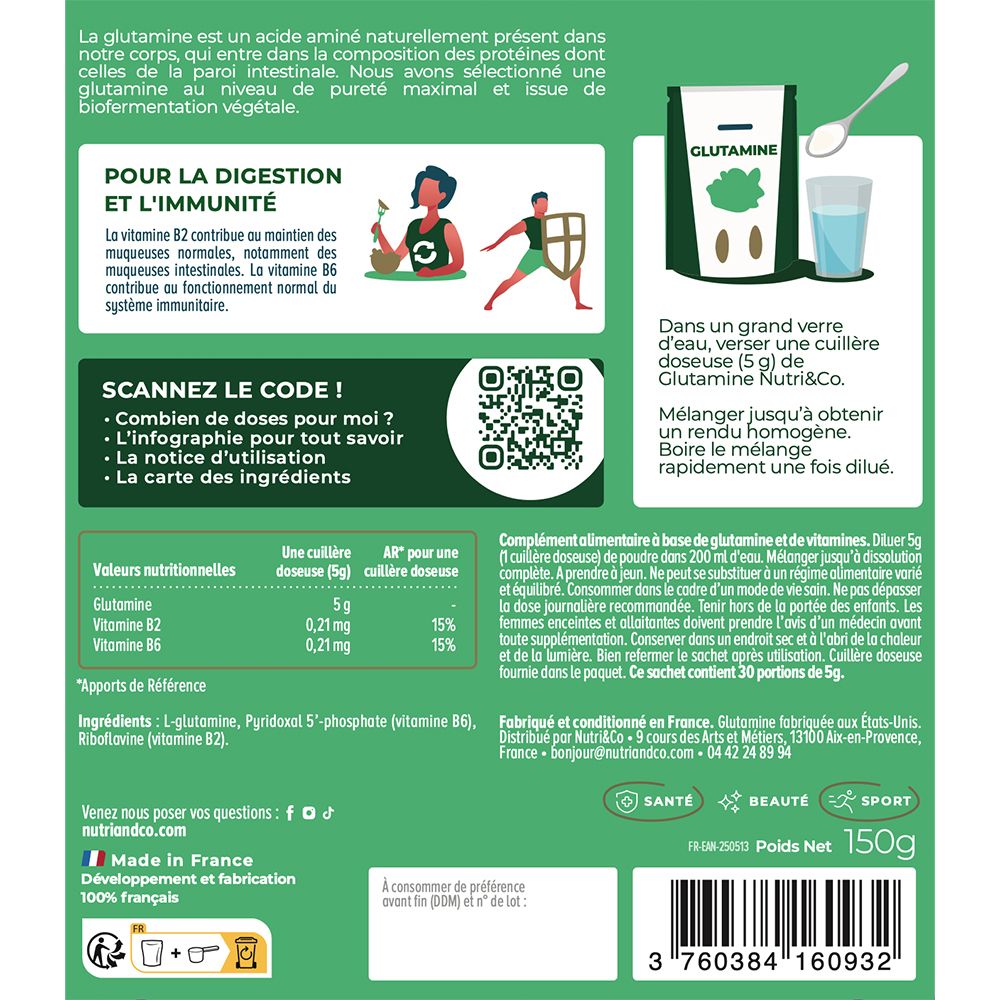 Rückseite des NUTRI&CO L-Glutamin Beutels mit Nährwertangaben, Inhaltsstoffen und Herstellungsinformationen.