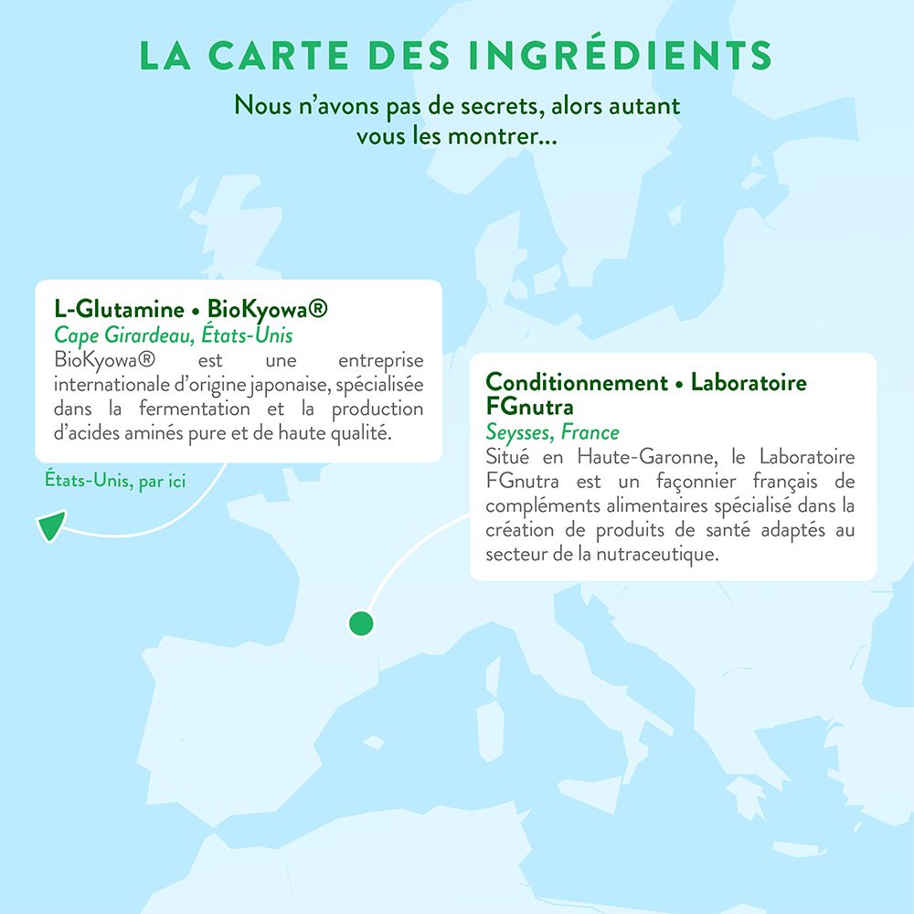 Karte der Inhaltsstoffe: L-Glutamin BioKyowa aus den USA, Verpackung durch FGNutra in Frankreich.