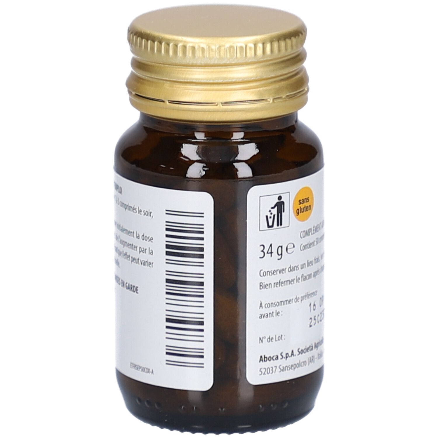 Braune Glasflasche mit goldfarbenem Deckel. Etikett mit Text und Barcode. Glutenfrei.