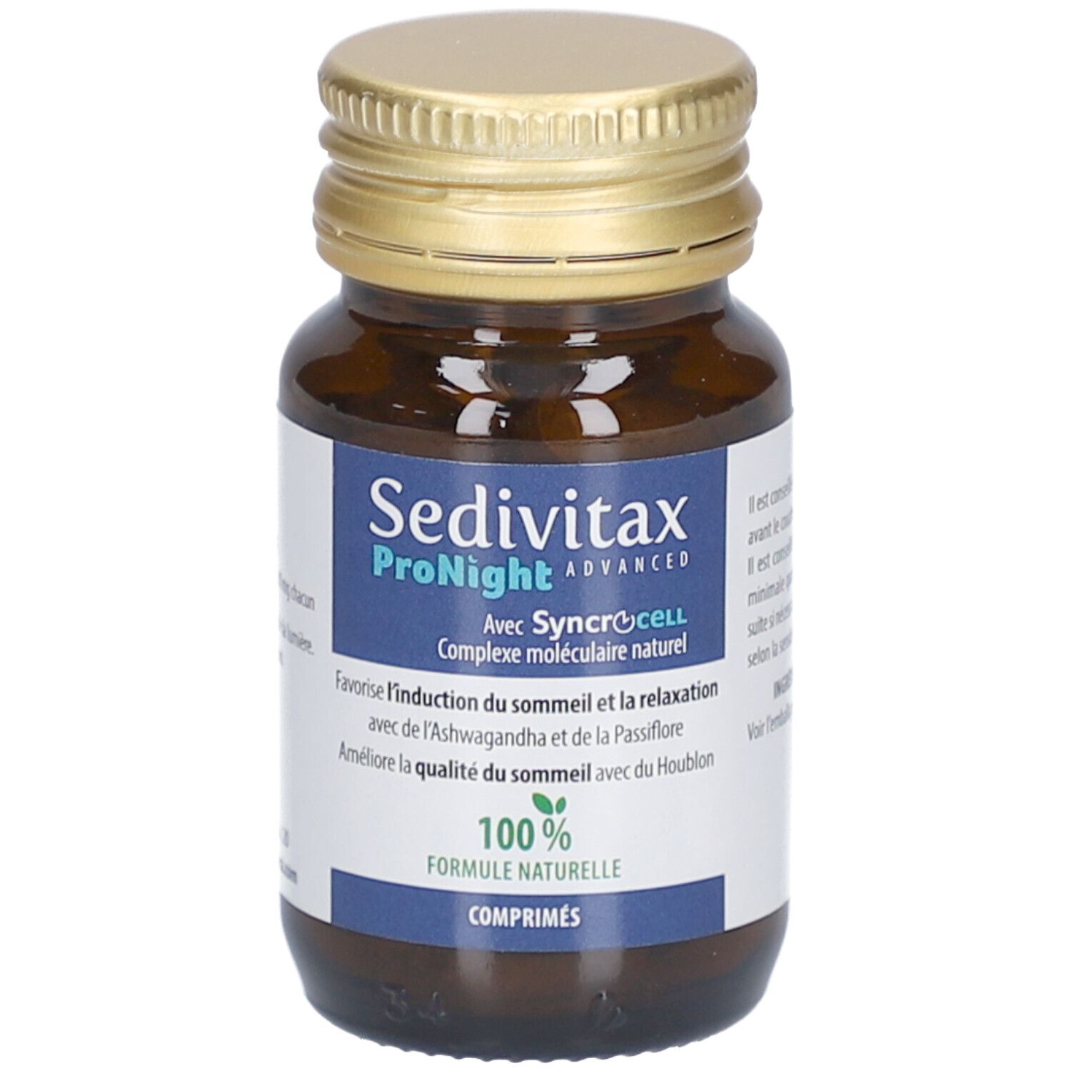 Braune Glasflasche mit goldfarbenem Deckel. Etikett mit Produktnamen Sedivitax ProNight. 100% natürliche Formel.