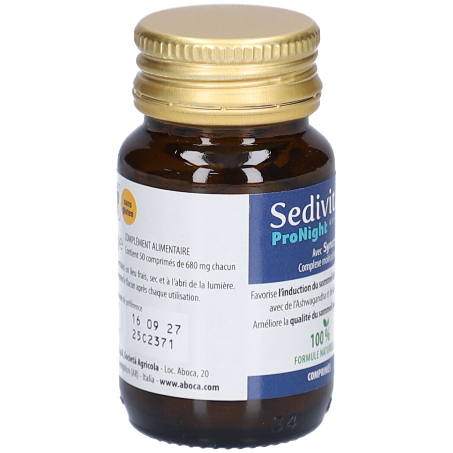 Braune Glasflasche mit goldfarbenem Deckel. Etikett mit Produktnamen Sedivitax ProNight. 100% natürliche Formel. Glutenfrei.