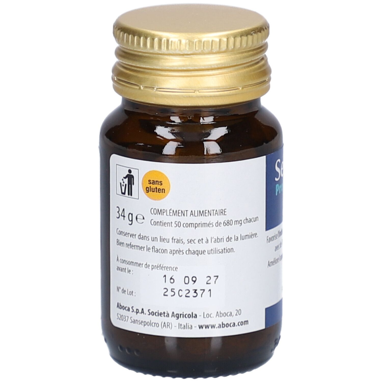 Braune Glasflasche mit goldfarbenem Deckel. Etikett mit Text und Logo. Glutenfrei. Enthält 50 Tabletten.