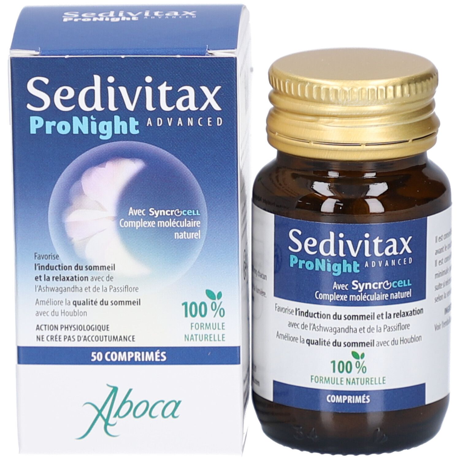 Produkt Sedivitax ProNight und Verpackung. Flasche und Schachtel. 50 Tabletten. 100% natürliche Formel. Aboca Logo.