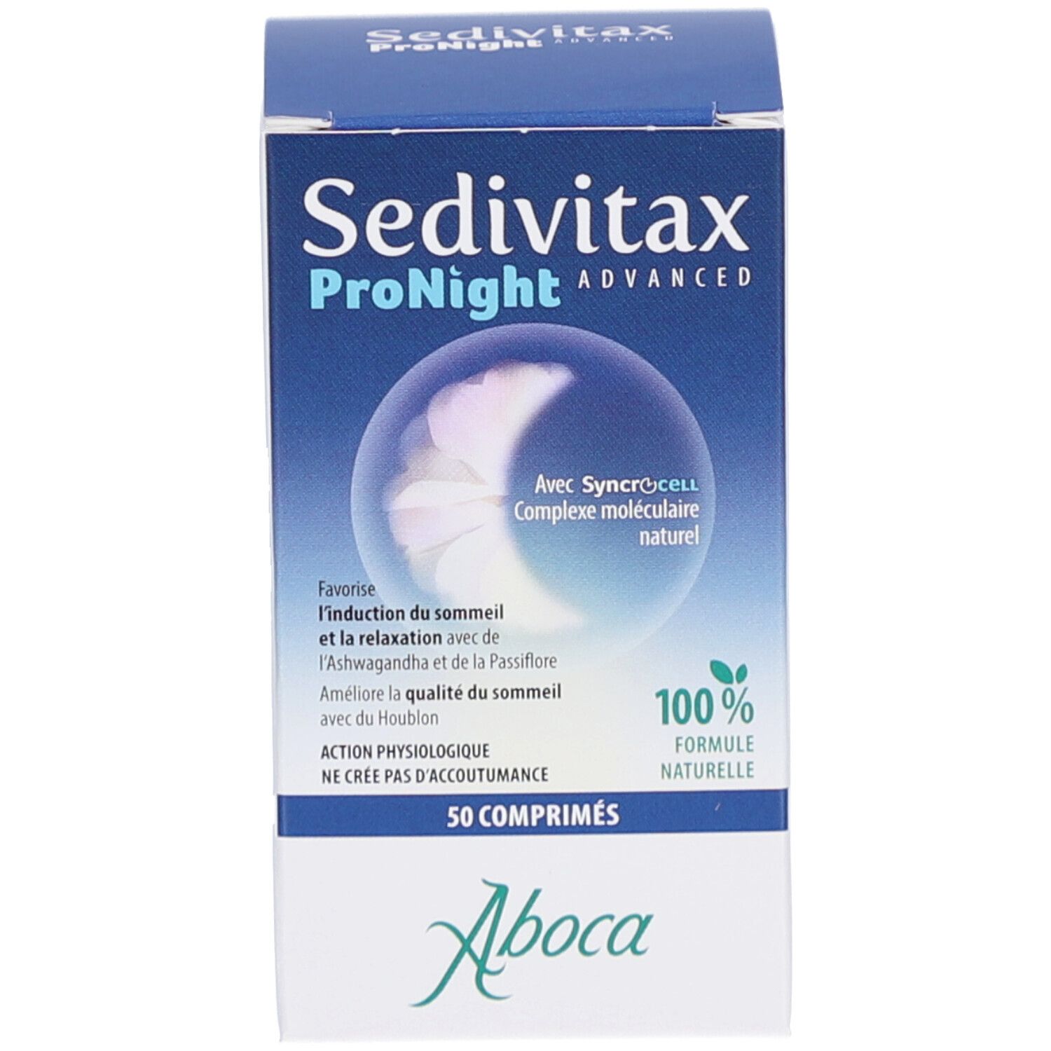 Produktverpackung Sedivitax ProNight. Schachtel mit Produktnamen, Mond-Illustration und Logo. 50 Tabletten.