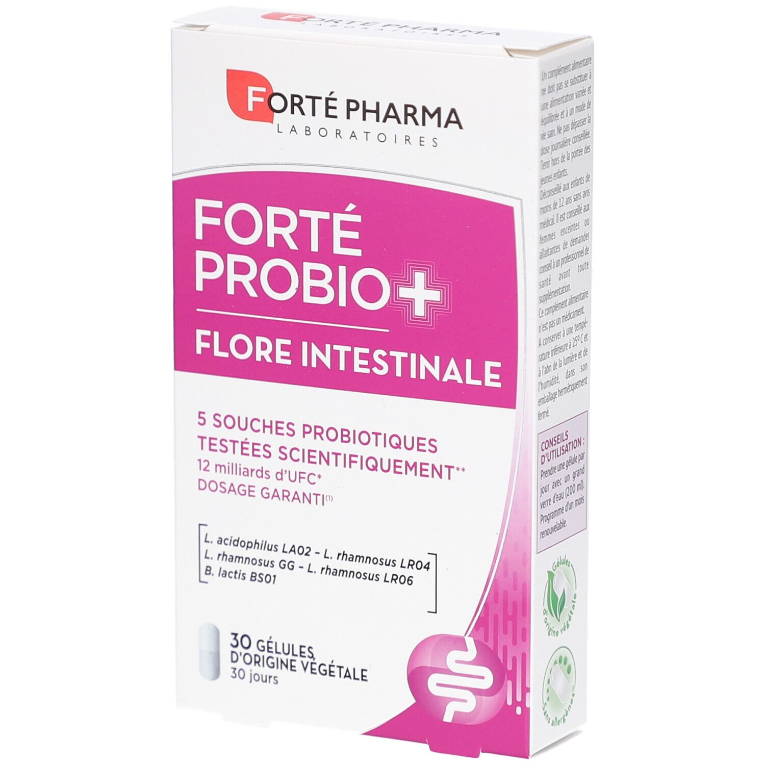 Verpackung von FORTE PROBIO+ FLORE INTESTINALE. Weißer Karton mit rosa Akzenten. Enthält 30 Kapseln.