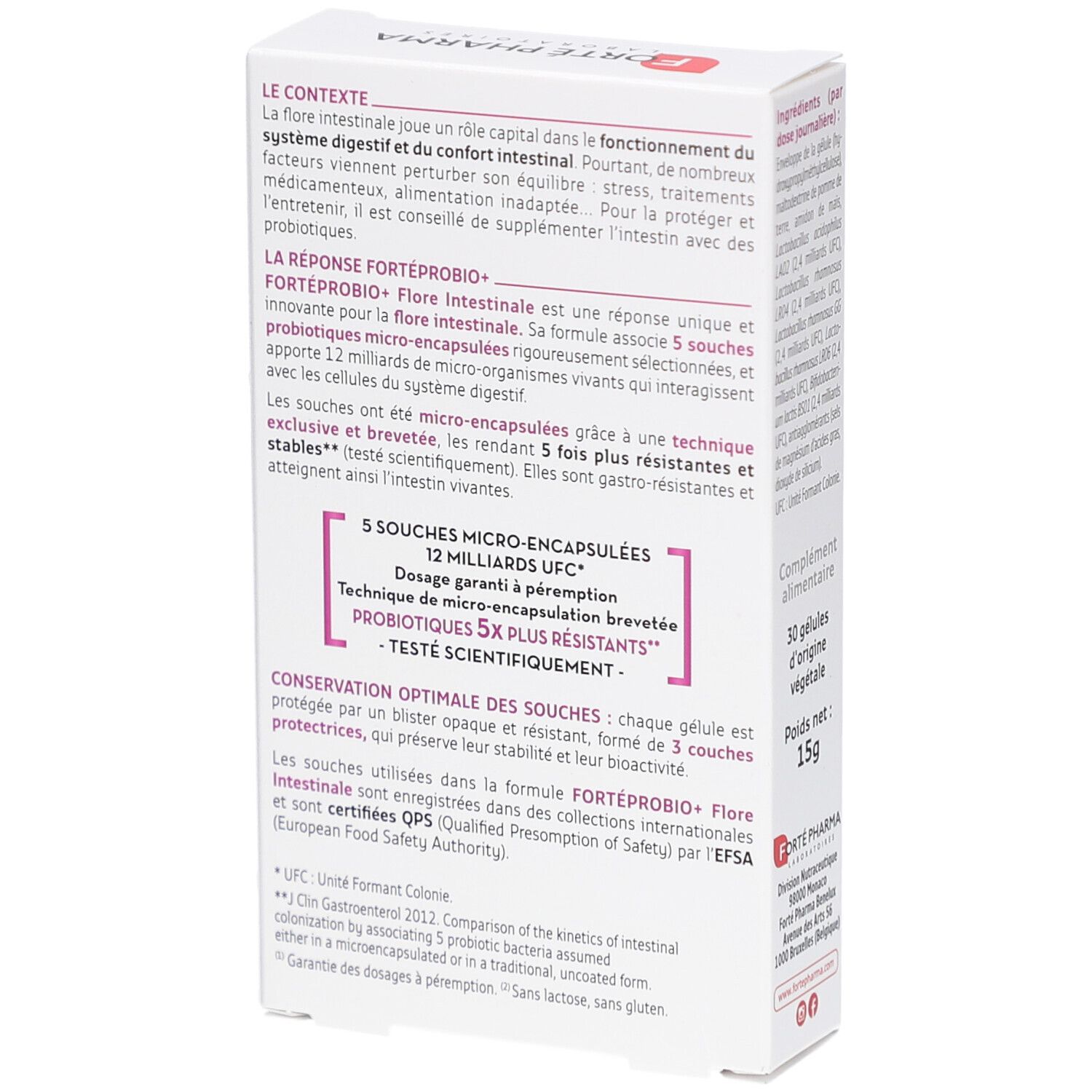 Rückseite der Verpackung von FORTE PROBIO+ FLORE INTESTINALE. Text über die Zusammensetzung und Anwendung.
