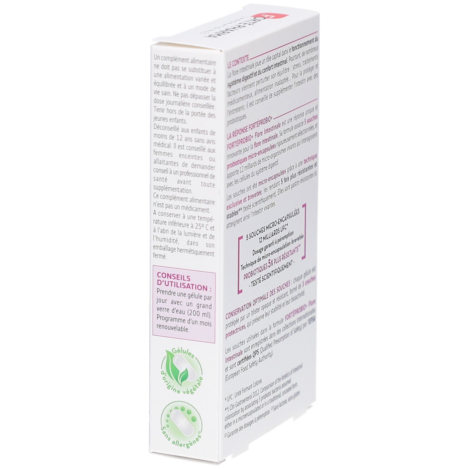 Seitenansicht der Verpackung von FORTE PROBIO+ FLORE INTESTINALE. Text über die Anwendung und Hinweise.