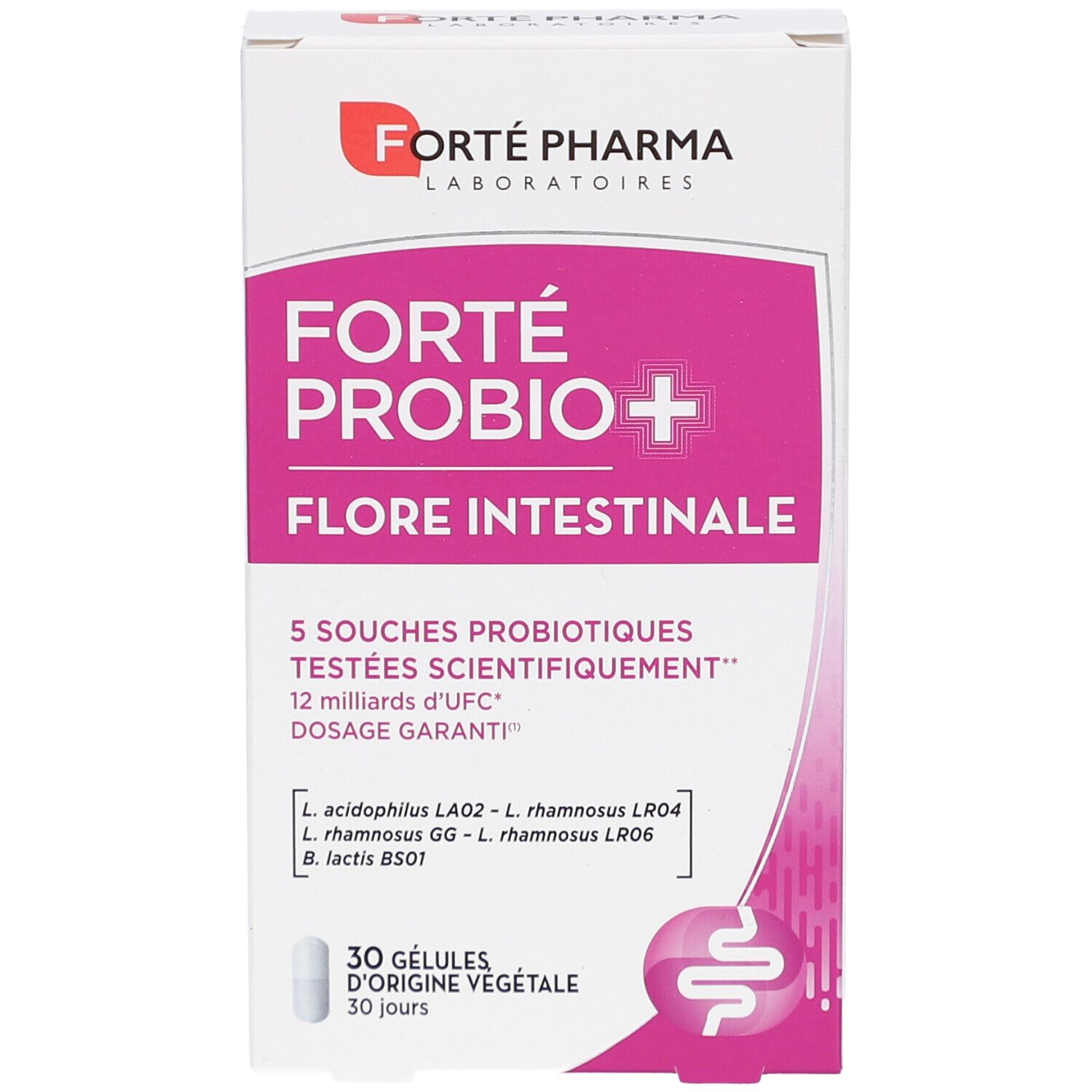 Vorderseite der Verpackung von FORTE PROBIO+ FLORE INTESTINALE. Enthält 30 Kapseln. Marke und Produktname deutlich sichtbar.