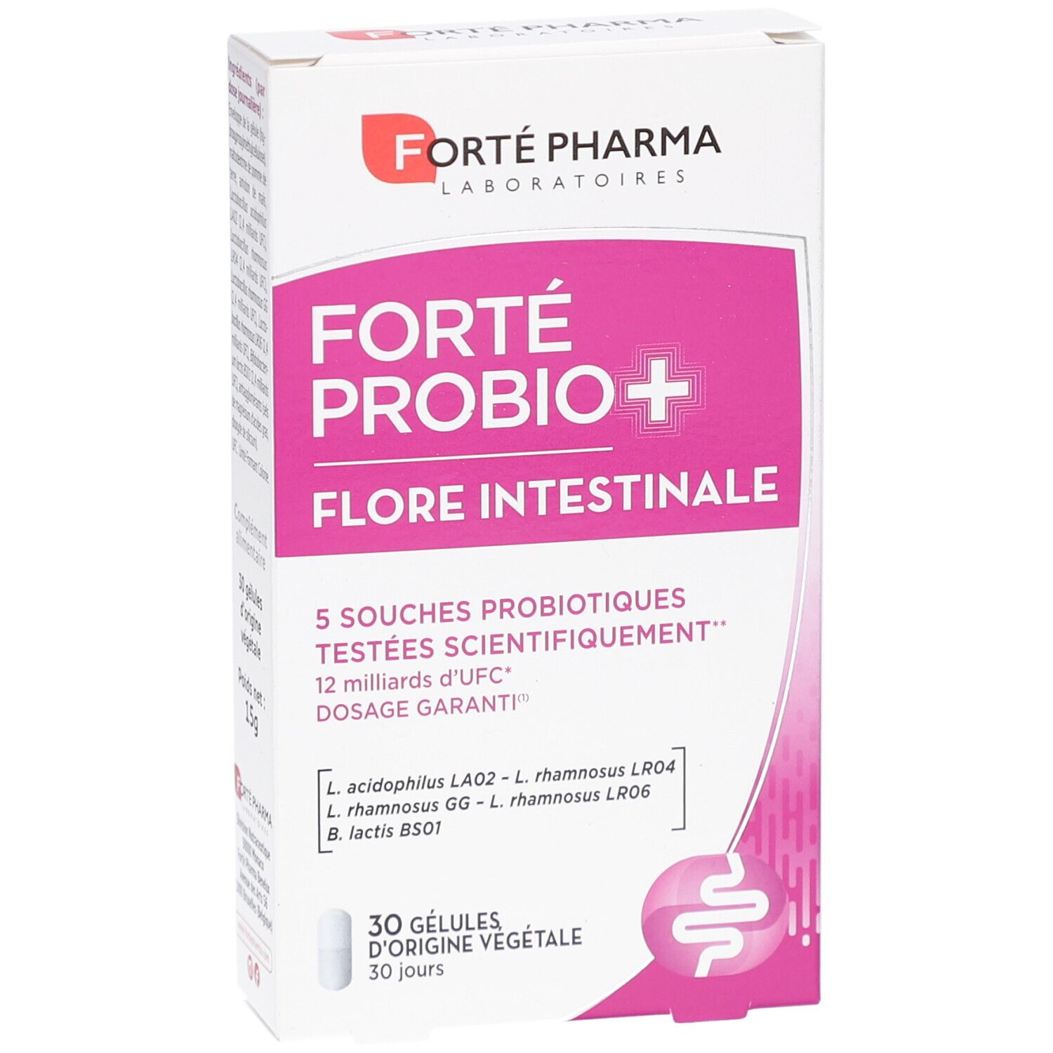 Vorderseite der Verpackung von FORTE PROBIO+ FLORE INTESTINALE. Enthält 30 Kapseln. Marke und Produktname deutlich sichtbar.