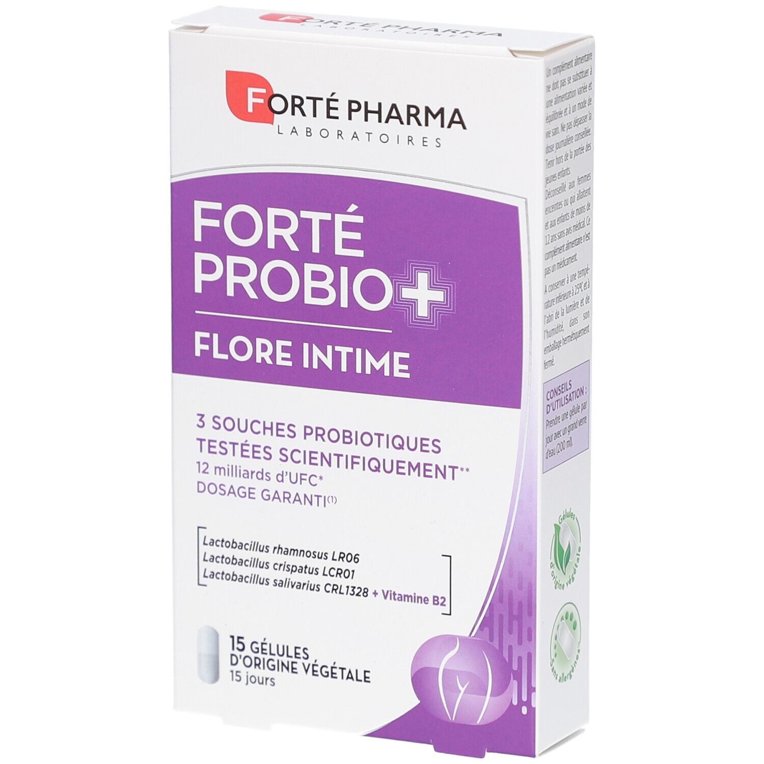 Boîte de FORTE PROBIO+ FLORE INTIME. Emballage violet et blanc. 15 gélules. Contient 3 souches probiotiques.