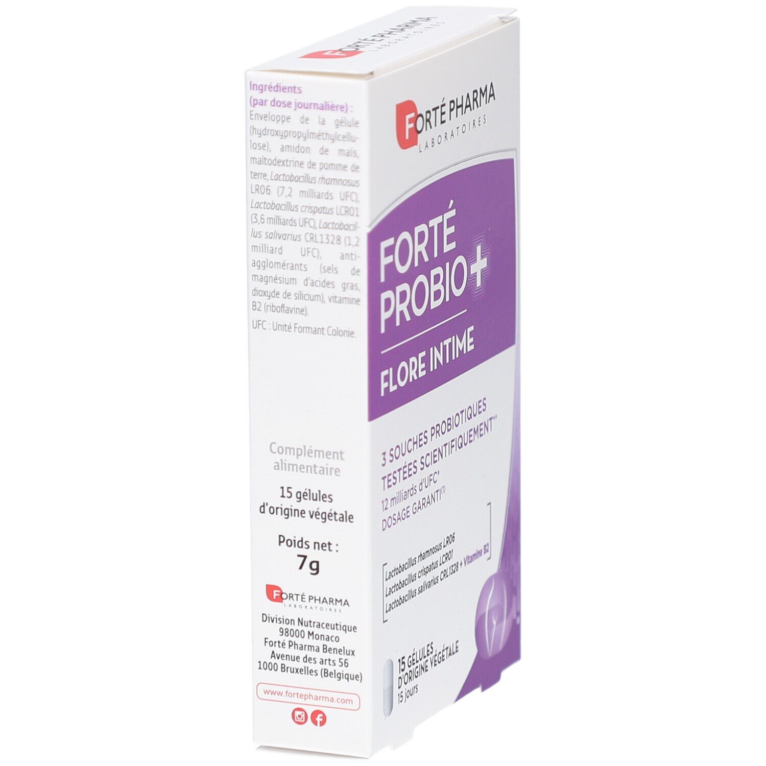 Vue latérale de la boîte FORTE PROBIO+ FLORE INTIME. Informations sur les ingrédients et la valeur nutritionnelle. 15 gélules.