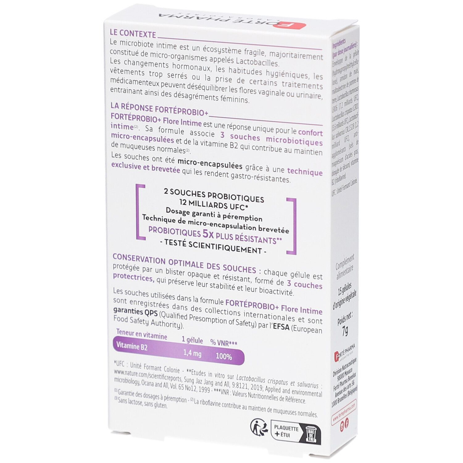 Dos de la boîte FORTE PROBIO+ FLORE INTIME. Informations sur les ingrédients et l'utilisation. 15 gélules.