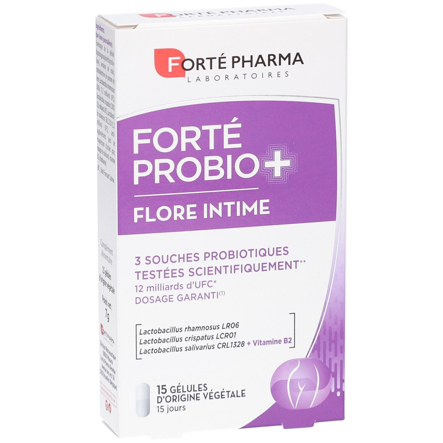 Boîte FORTE PROBIO+ FLORE INTIME. Emballage violet et blanc. 15 gélules. Contient 3 souches probiotiques.