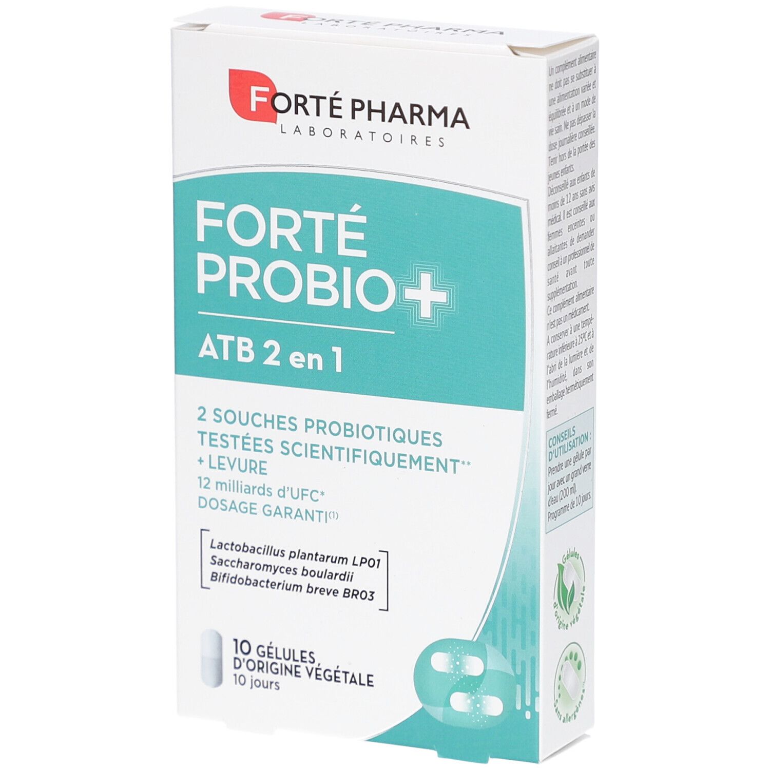 Boîte blanche FORTE PROBIO+ ATB 2 en 1. Contient 10 gélules d'origine végétale. Logo FORTE PHARMA LABORATORIES.