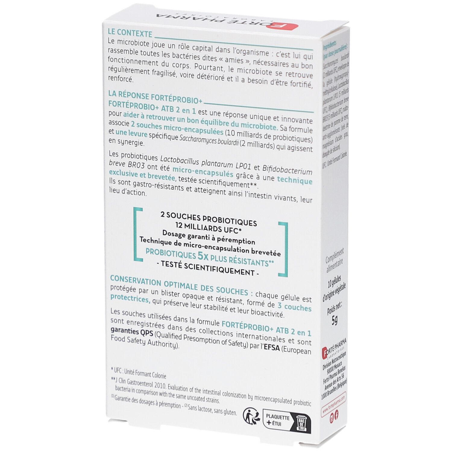 Dos de la boîte FORTE PROBIO+ ATB 2 en 1. Texte sur les ingrédients et l'utilisation du produit.
