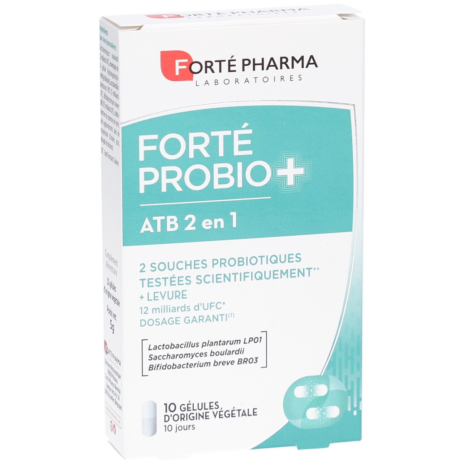 Boîte blanche FORTE PROBIO+ ATB 2 en 1. Contient 10 gélules. Logo FORTE PHARMA LABORATORIES. Vue du produit.