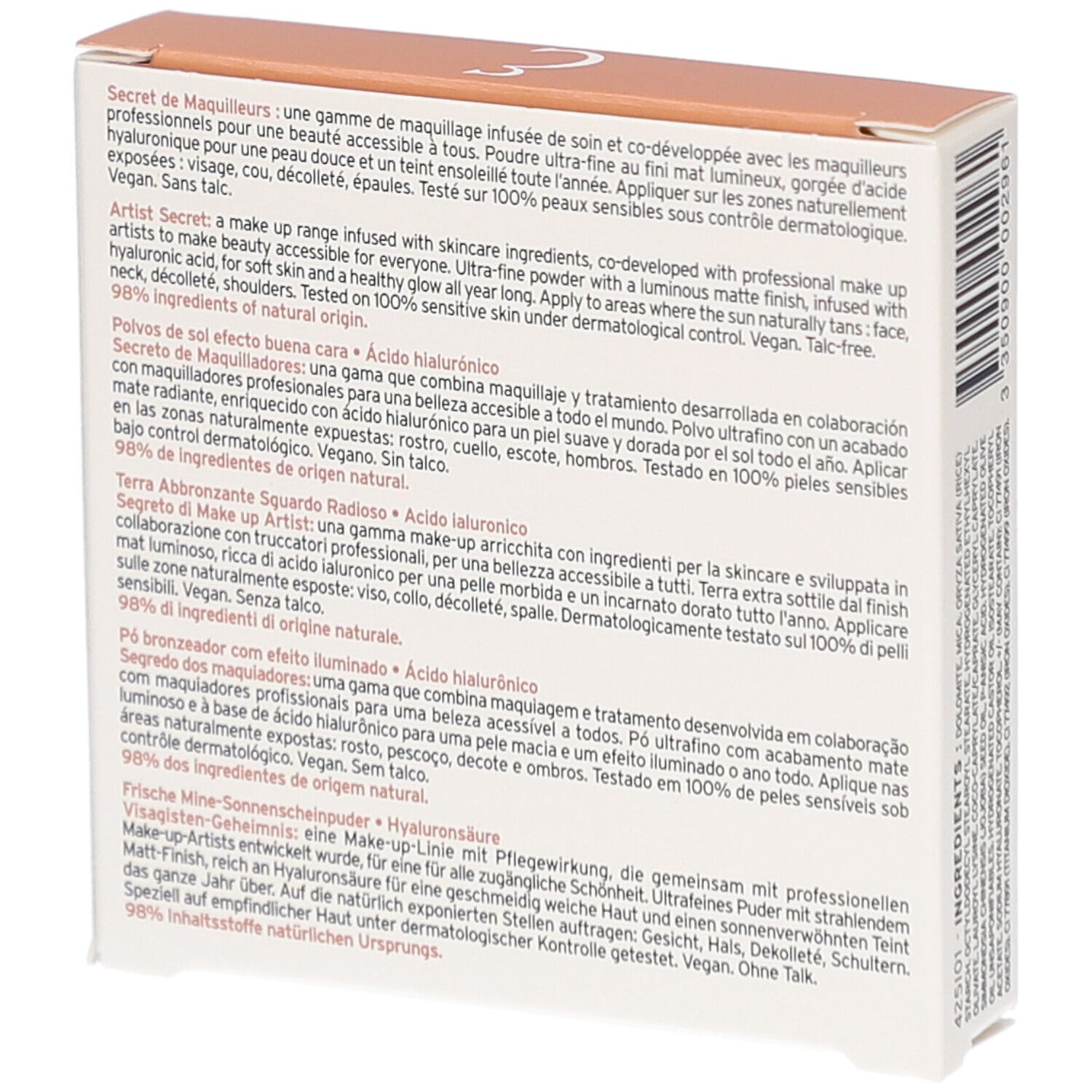 Rückseite der Verpackung mit Text in mehreren Sprachen. Enthält Informationen über Inhaltsstoffe und Verwendung.