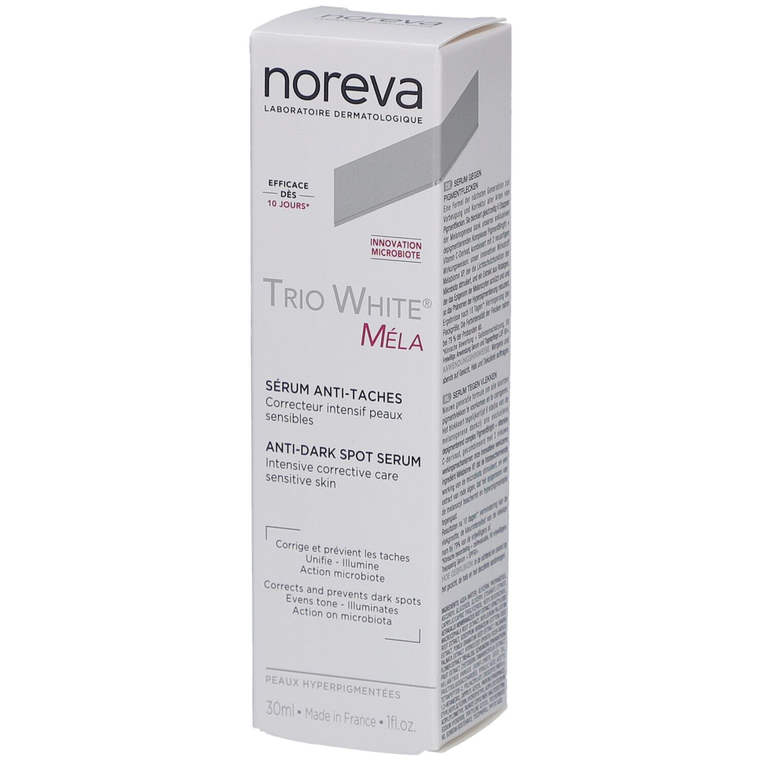 Weiße Produktverpackung mit Text. Aufschrift: NOREVA, Trio White Méla, Sérum anti-taches. 30ml. Mit Logo und Produktinformationen.