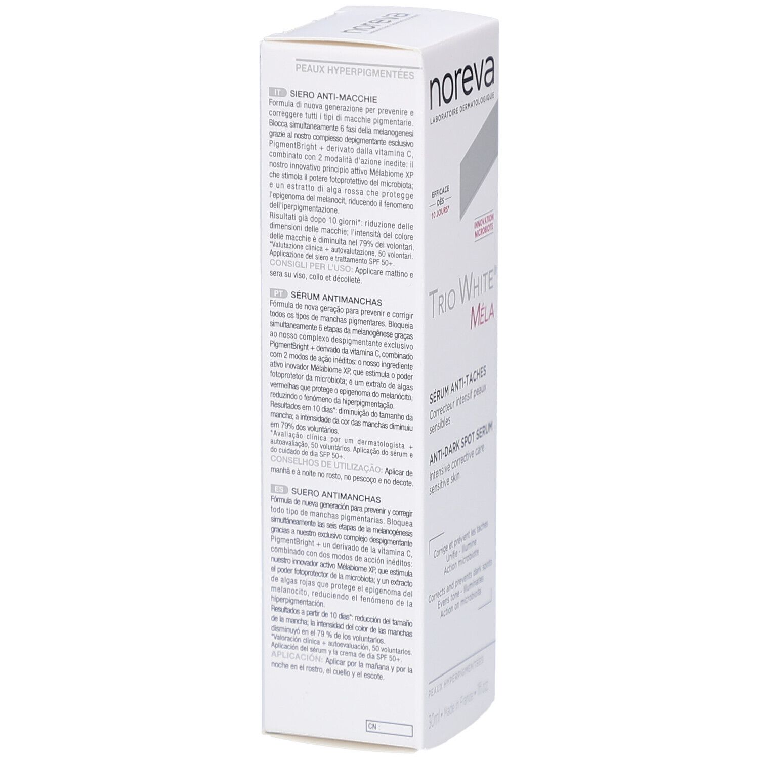 Weiße Produktverpackung mit Text. Aufschrift: NOREVA, Trio White Méla. Produktinformationen in mehreren Sprachen.