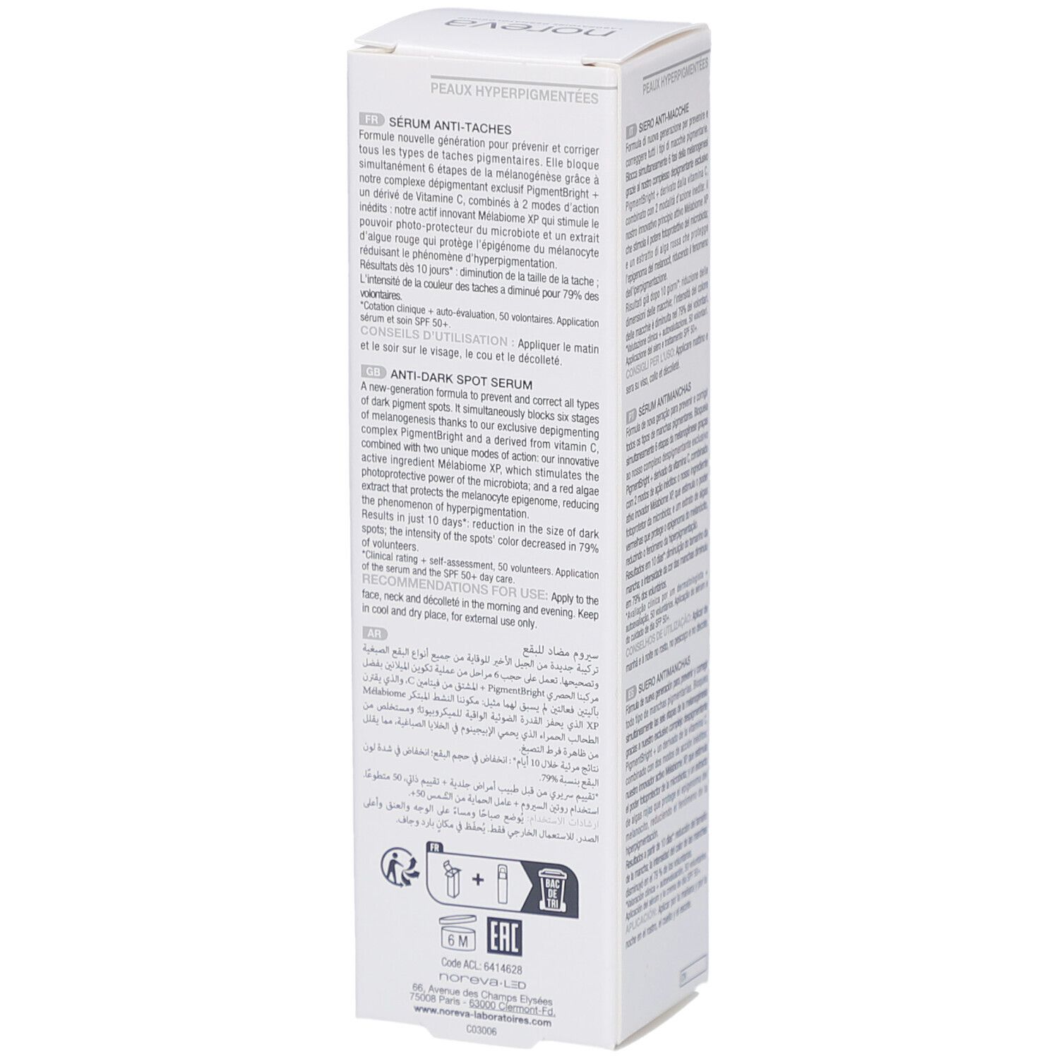 Weiße Produktverpackung mit Text. Aufschrift: NOREVA, Trio White Méla. Produktinformationen in mehreren Sprachen.