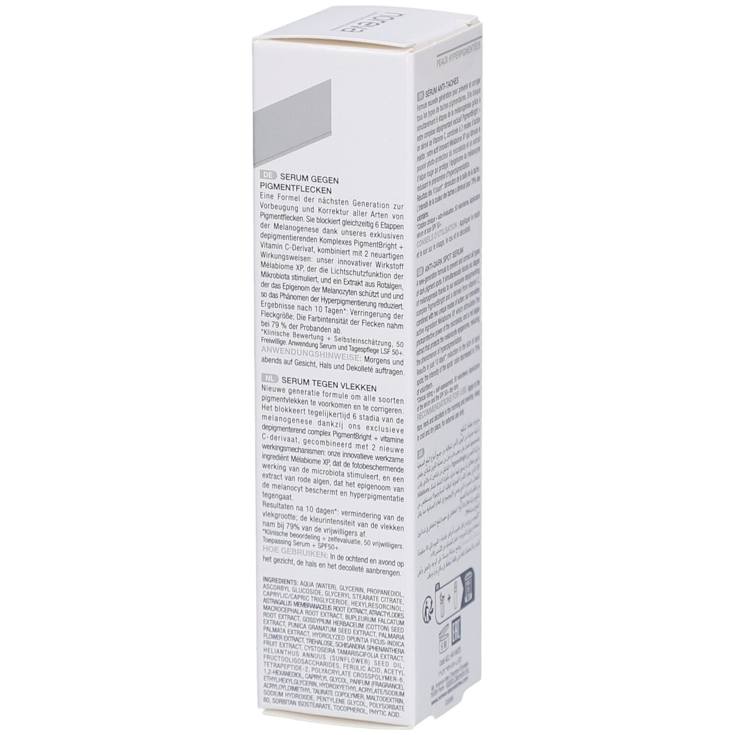 Weiße Produktverpackung mit Text. Aufschrift: NOREVA, Trio White Méla. Produktinformationen in mehreren Sprachen.