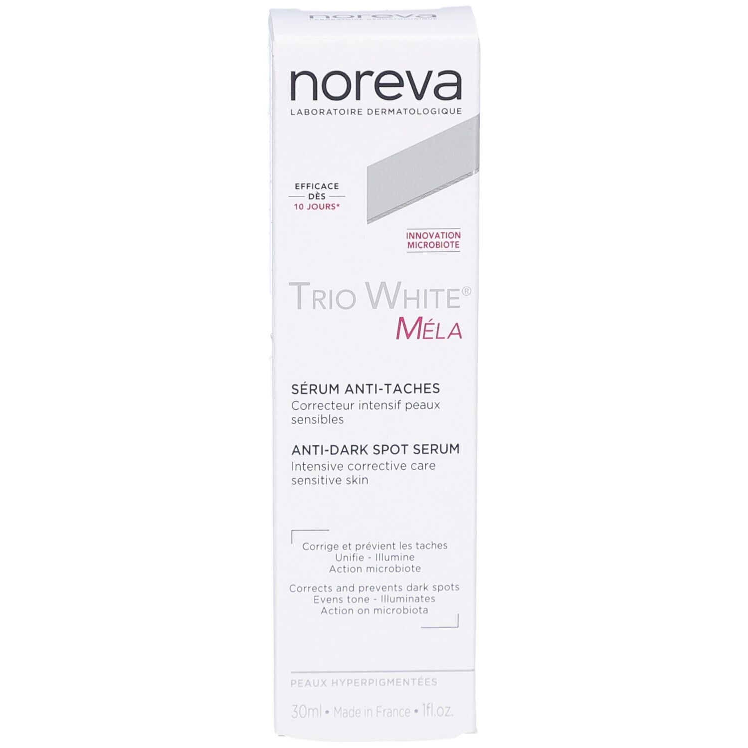 Weiße Produktverpackung mit Text. Aufschrift: NOREVA, Trio White Méla, Sérum anti-taches. 30ml. Mit Logo und Produktinformationen.