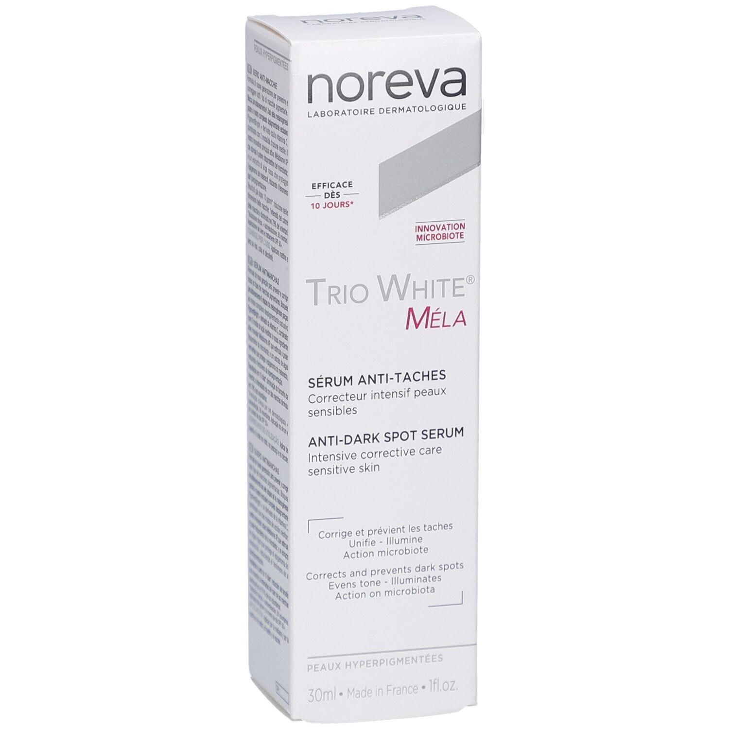 Weiße Produktverpackung mit Text. Aufschrift: NOREVA, Trio White Méla, Sérum anti-taches. 30ml. Mit Logo und Produktinformationen.