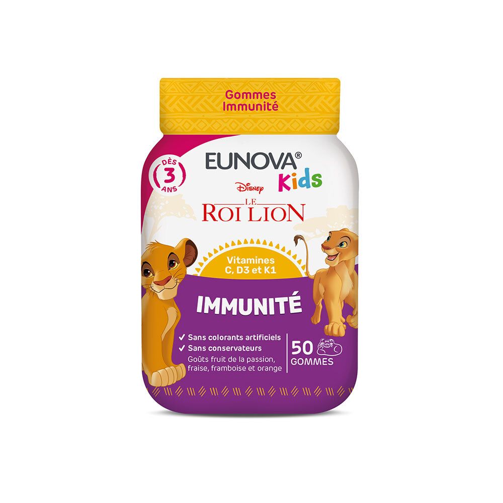 EUNOVA Kids Immunite Gummis. Flasche mit 50 Gummibärchen. Enthält Vitamin C, D3 und K1. Mit Disney Le Roi Lion.