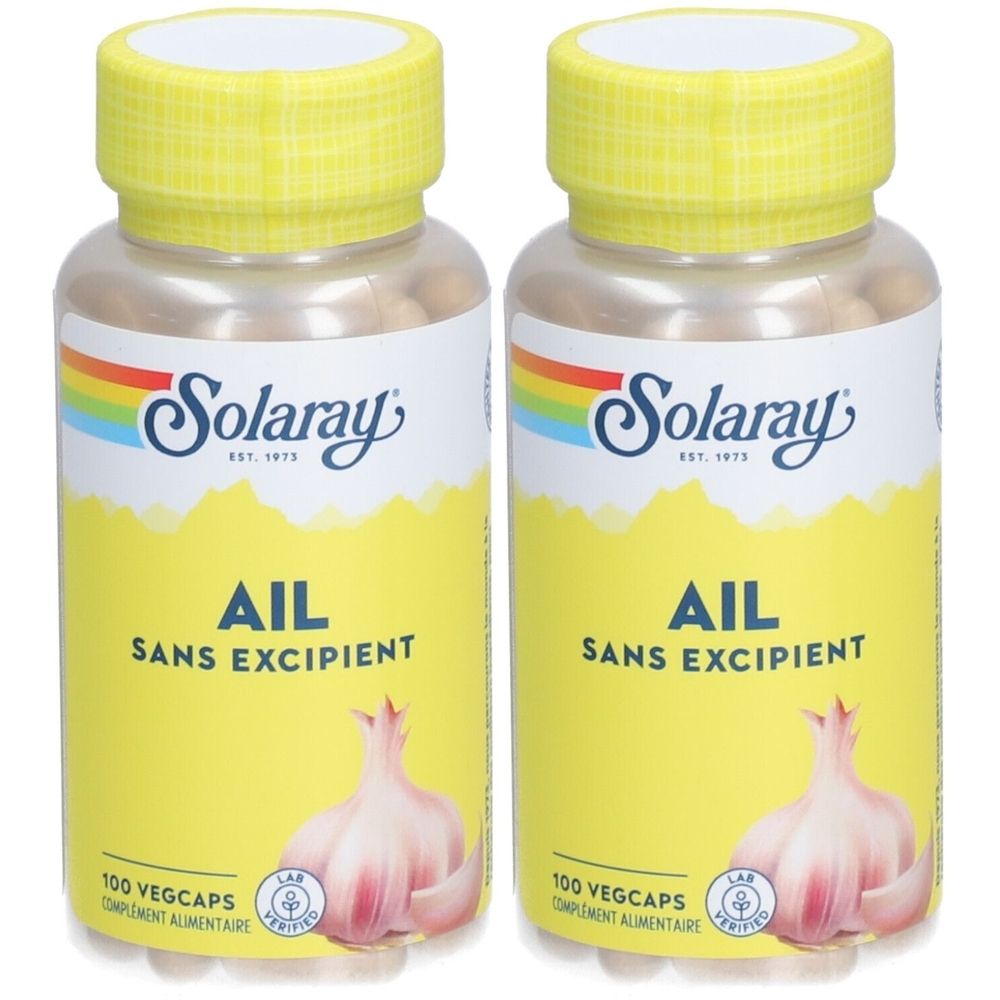 Deux flacons de Solaray Ail Sans Excipient. Étiquettes jaunes avec texte et illustration d'ail. Bouchons jaunes, flacons transparents.