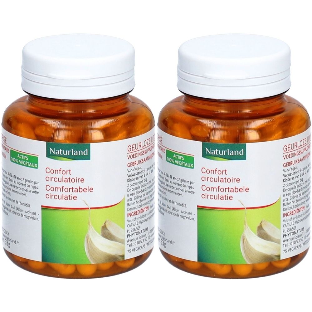 Deux flacons de gélules. Inscription Naturland, Confort circulatoire. Bouchons blancs, flacons bruns, étiquettes vertes.