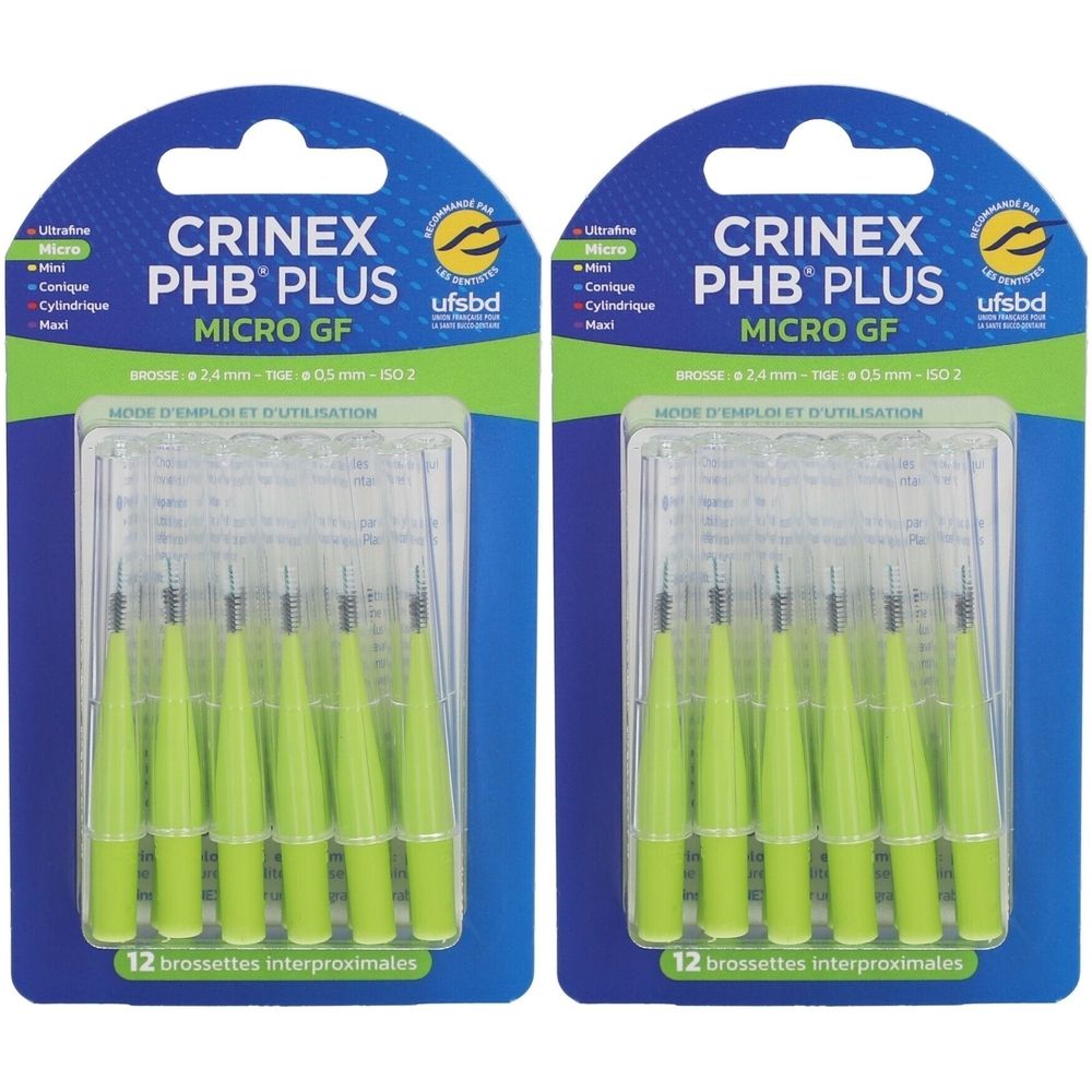 Zwei Packungen Crinex PHB Plus Micro GF Interdentalbürsten. Jede Packung enthält 12 Bürsten. UFSBD-Zertifizierung.