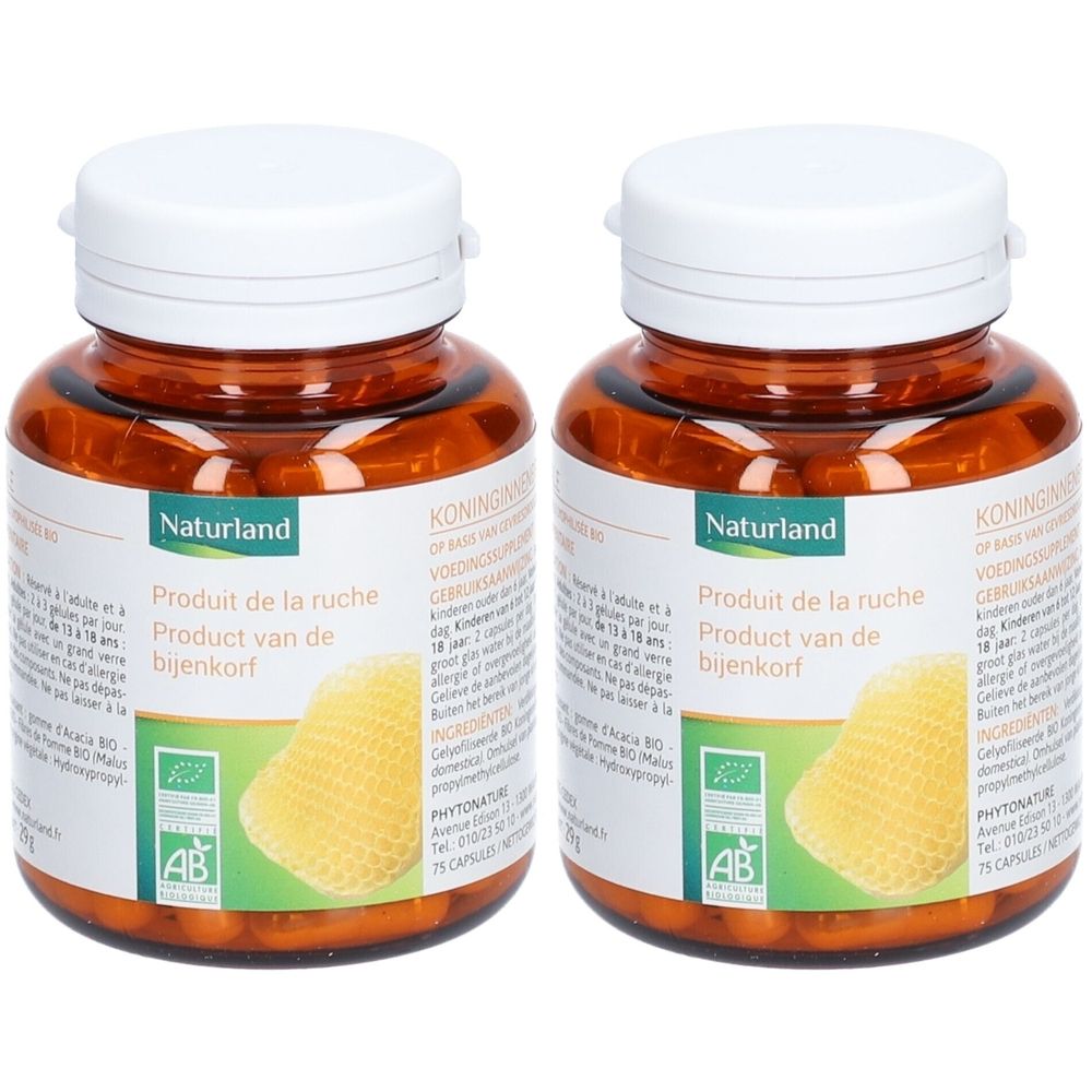 Deux flacons en plastique brun avec des bouchons blancs. Les étiquettes indiquent "Naturland" et "Produit de la ruche".