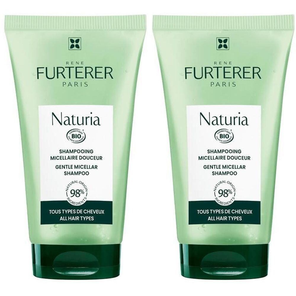 Zwei grüne Tuben Shampoo. Aufschrift: RENE FURTERER PARIS, Naturia, micellaire douceur, 98% natürliche Inhaltsstoffe, alle Haartypen.