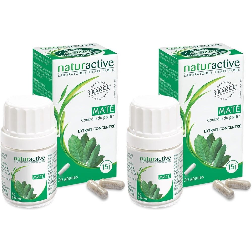 Zwei Flaschen und zwei Schachteln mit Kapseln. Aufschrift: Naturactive Maté, Extrait Concentré, Origine France.