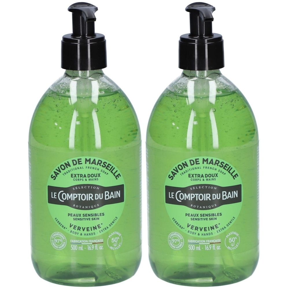 Deux bouteilles de savon de Marseille liquide parfum verveine, 500 ml chacune.