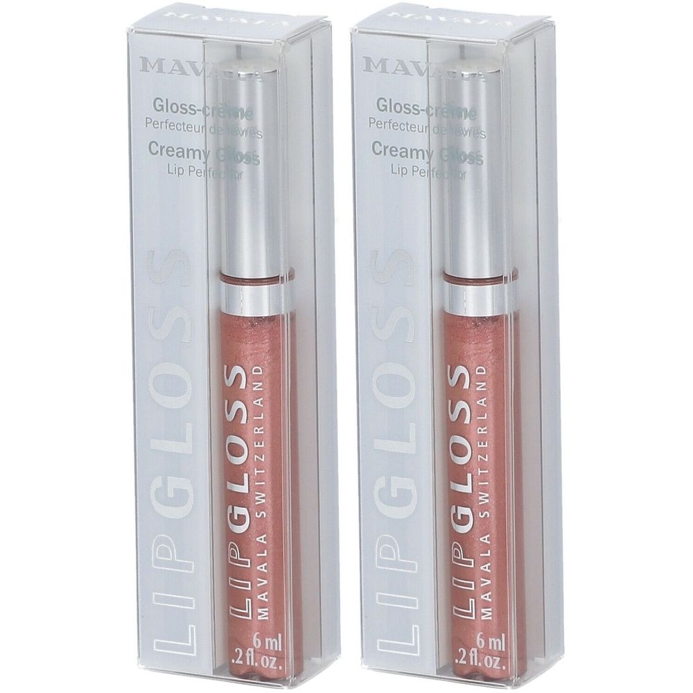 Zwei Lipgloss-Tuben in transparenten Verpackungen. Aufschrift: LIP GLOSS, MAVALA SWITZERLAND, 6 ml.