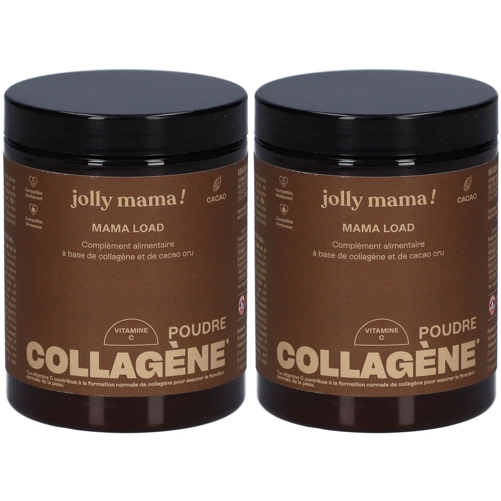 Deux pots bruns avec couvercles noirs. Inscription: jolly mama! MAMA LOAD, Poudre Collagène. Contient de la vitamine C.