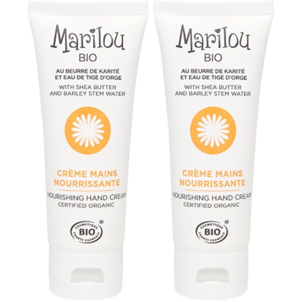 Deux tubes blancs de crème pour les mains. Inscription: Marilou BIO, Crème Mains Nourrissante. Avec label bio.