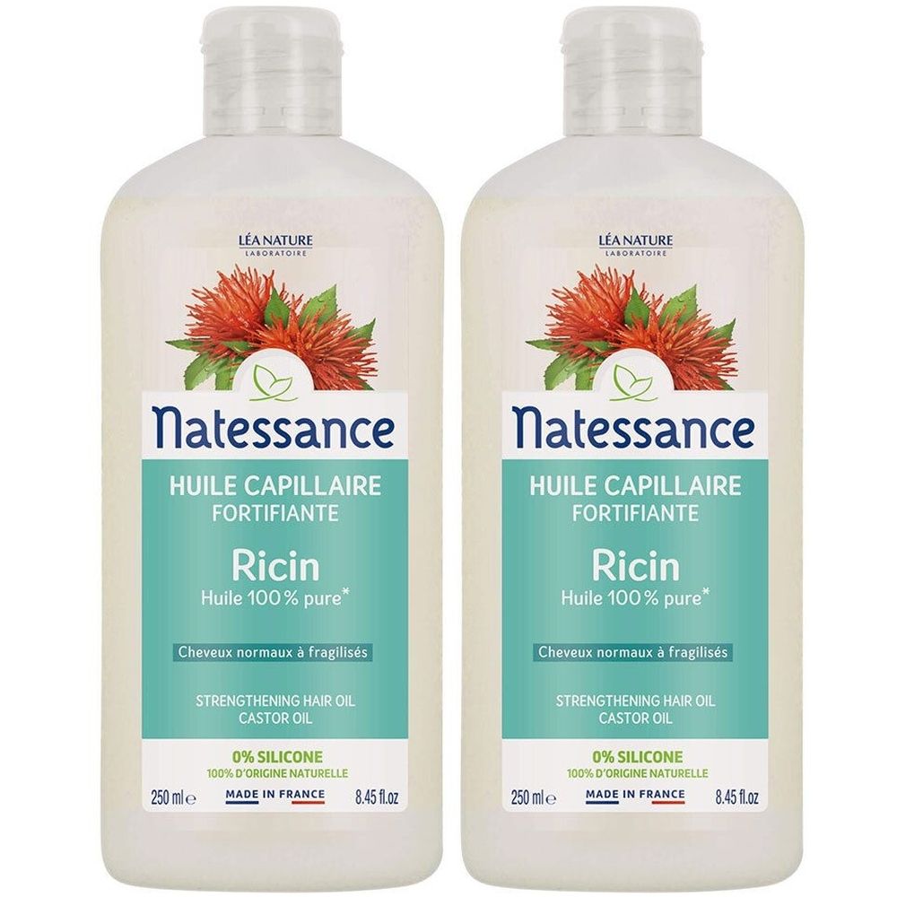 Zwei Flaschen NATESSANCE Huile de ricin. Weiße Flaschen mit türkisfarbenen Etiketten. Text: Ricin, Huile 100% pure. Made in France.