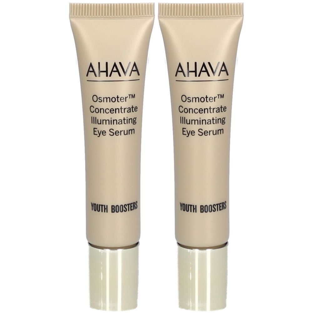 Zwei AHAVA Osmoter Concentrate Illuminating Eye Serum Tuben mit silbernen Kappen.