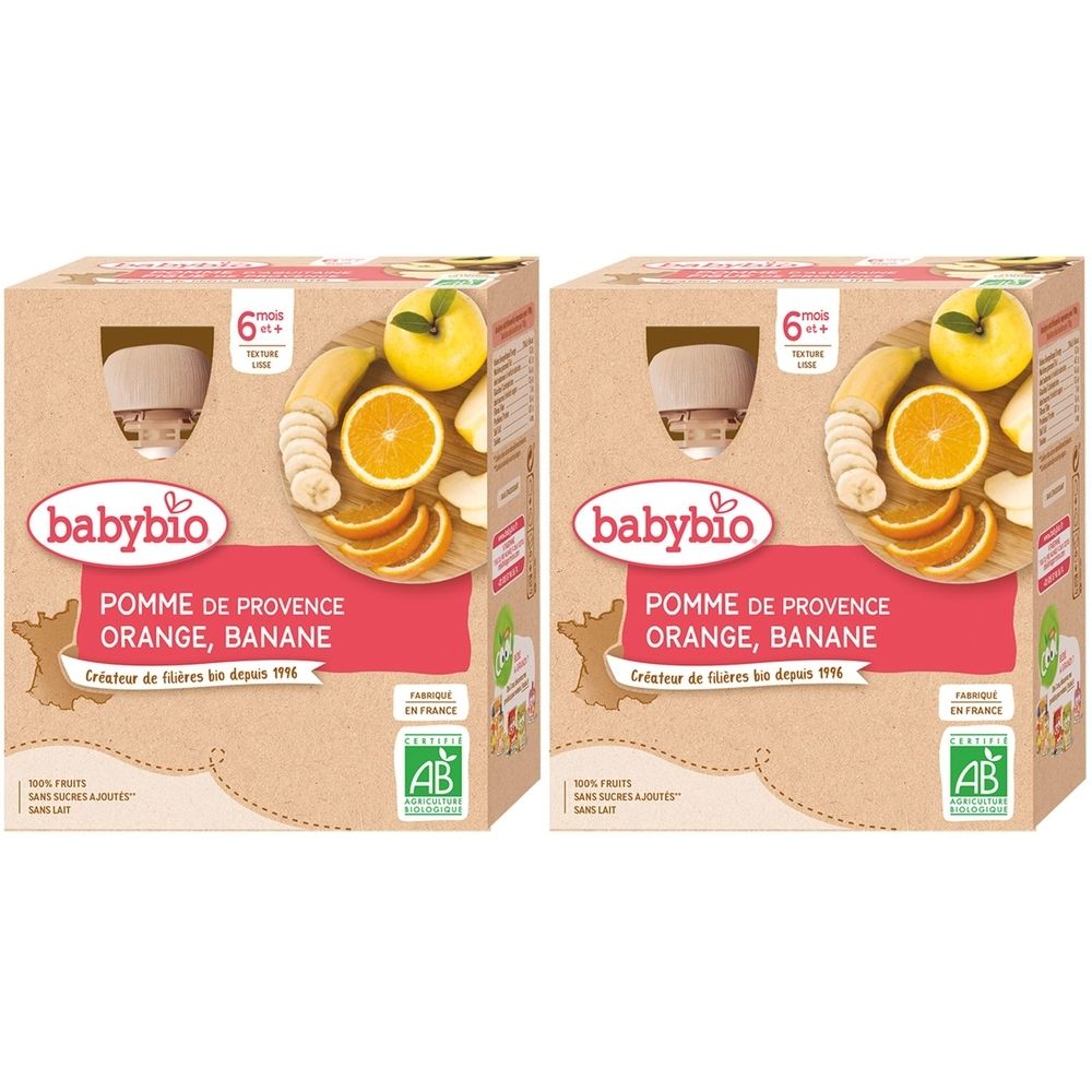 Zwei Kartons Babybio-Babynahrung. Aufdruck: Apfel, Orange, Banane. Mit AB-Siegel. Ab 6 Monaten.