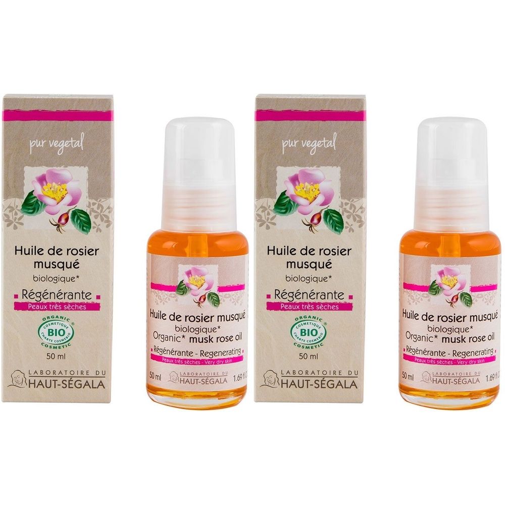 Drei Flaschen und Verpackungen. Aufschrift: Huile de rosier musqué biologique, Régénérante, BIO-Zertifizierung. Laboratoire du Haut-Ségala.