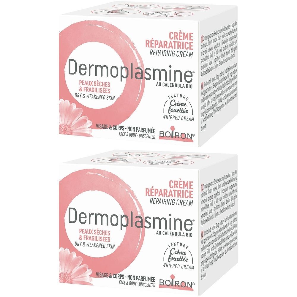 Zwei quadratische Cremetiegel. Aufschrift: Dermoplasmine, Crème Réparatrice, für trockene und geschwächte Haut. Marke Boiron.