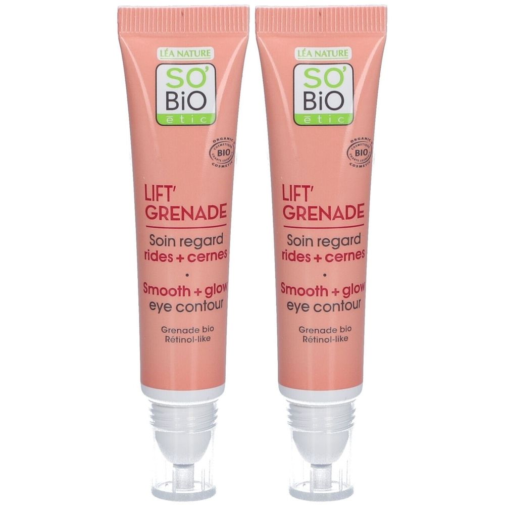 Deux tubes SO BIO ETIC Lift'Grenade Soin Regard. Lissant pour rides et cernes.