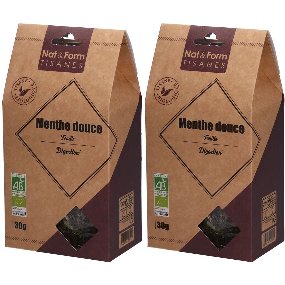 Deux sachets de tisane. Inscription: Nat & Form Tisanes, Menthe douce, Digestion. Avec label AB bio. Fenêtre avec herbes.